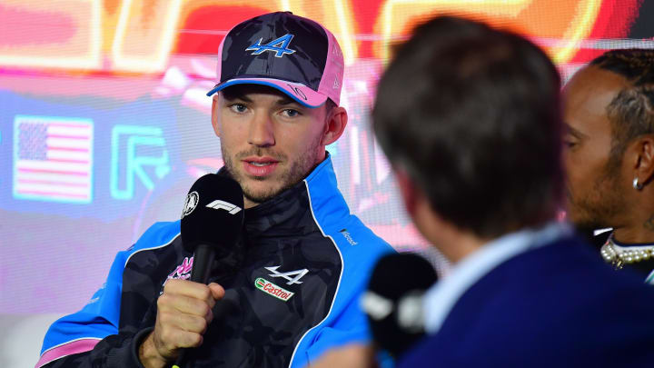 Nov 15, 2023; Las Vegas, Nevada, USA; Alpine driver Pierre Gasly of France speaks during media availabilities at Las Vegas Strip Circuit. Mandatory Credit: Gary A. Vasquez-USA TODAY Sports