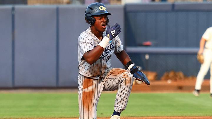 May 31, 2025; Oxford, MS, USA; Georgia Tech Yellowjackets catcher Vahn Lackey (25) reacts after stealing second base during the first inning against the Murray State Racers. Mandatory Credit: Petre Thomas-Imagn Images May 31, 2025; Oxford, MS, USA; Georgia Tech Yellowjackets catcher Vahn Lackey (25) reacts after stealing second base during the first inning against the Murray State Racers. Mandatory Credit: Petre Thomas-Imagn Images