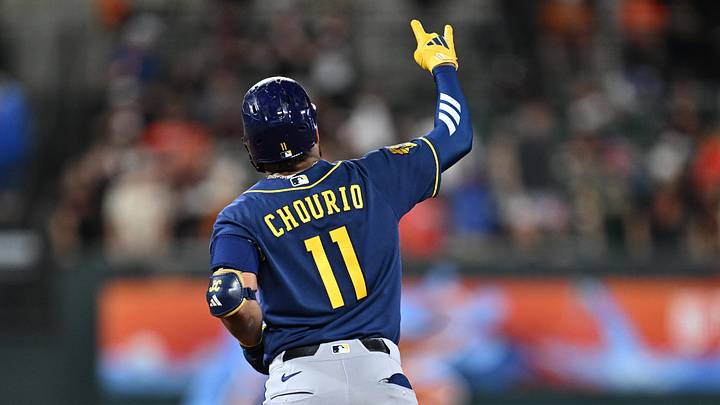 Sep 18, 2026; Baltimore, Maryland, USA;  Milwaukee Brewers outfielder Jackson Chourio (11) celebrates as he rounds the bases after hitting a three-run home run in the second inning against the Baltimore Orioles at Oriole Park at Camden Yards. Mandatory Credit: Jamie Sabau-Imagn Images