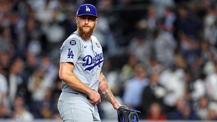 Oct 30, 2024; New York, New York, USA; Los Angeles Dodgers pitcher Michael Kopech (45) reacts during the fifth inning against the New York Yankees in game four of the 2024 MLB World Series at Yankee Stadium. Mandatory Credit: Brad Penner-Imagn Images