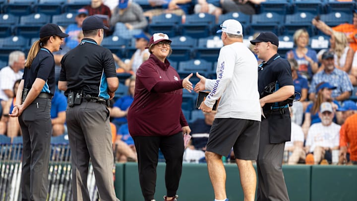 Texas A&M Aggies head coach Trisha Ford and Florida Gators head coach Tim Walton shake hands before the game at Katie Seashole Pressly Stadium at the University of Florida in Gainesville, FL on Friday, May 3, 2024. Matt Pendleton/Gainesville Sun
