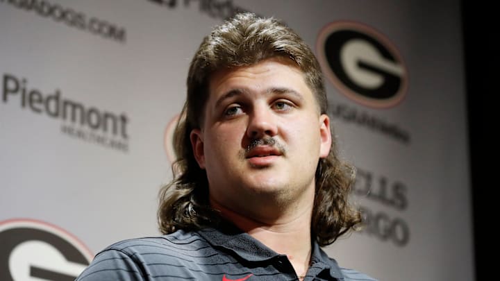 Georgia offensive lineman Tate Ratledge speaks to the media on the first day of spring practice in Athens, Georgia