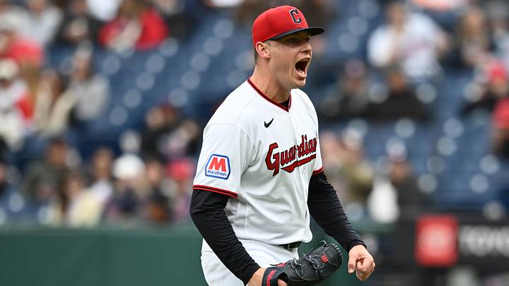 May 13, 2026: Cleveland Guardians relief pitcher Erik Sabrowski (62) reacts after striking out Los Angeles Angels left fielder Bryce Teodosio (not pictured) during the eighth inning at Progressive Field. 