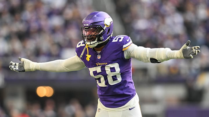 Dec 1, 2024; Minneapolis, Minnesota, USA; Minnesota Vikings linebacker Jonathan Greenard (58) reacts during the second quarter against the Arizona Cardinals at U.S. Bank Stadium. Mandatory Credit: Jeffrey Becker-Imagn Images