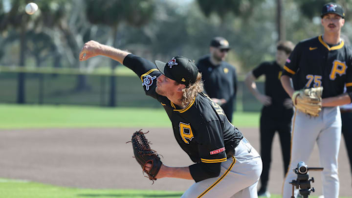 Feb 14, 2025; Bradenton, FL, USA; Pittsburgh Pirates pitcher Braxton Ashcraft (67)  during spring training workouts at Pirate City. Mandatory Credit: Kim Klement Neitzel-Imagn Images