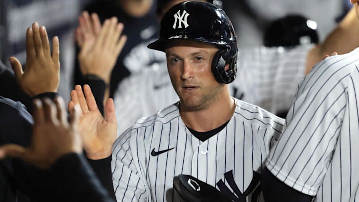 Feb 25, 2026; Tampa, Florida, USA; New York Yankees outfielder Max Schuemann (30) scores a run during the fifth inning against the Washington Nationals at George M. Steinbrenner Field. Mandatory Credit: Kim Klement Neitzel-Imagn Images