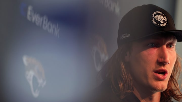 Jacksonville Jaguars quarterback Trevor Lawrence (16) speaks during a press conference at Miller Electric Center Wednesday, April 9, 2025 in Jacksonville, Fla. [Corey Perrine/Florida Times-Union]
