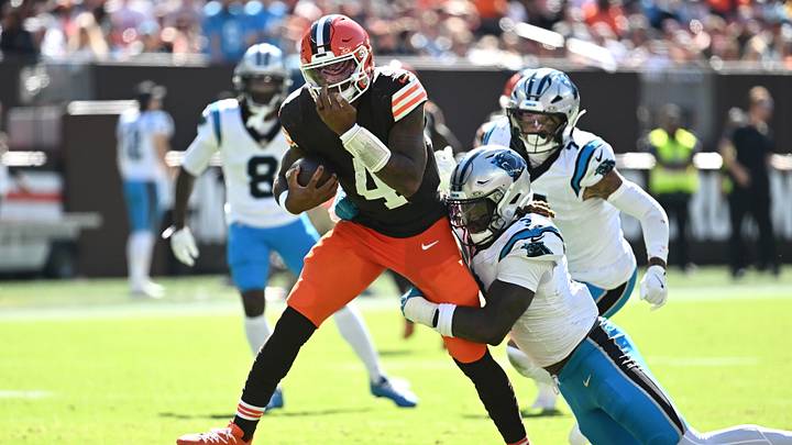 Carolina Panthers linebacker Princely Umanmielen (3) sacks Cleveland Browns quarterback Deshaun Watson Carolina Panthers linebacker Princely Umanmielen (3) sacks Cleveland Browns quarterback Deshaun Watson