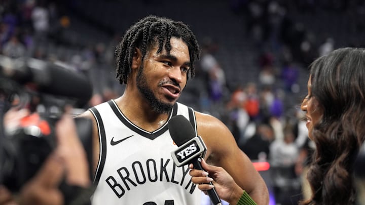 Nov 24, 2024; Sacramento, California, USA; Brooklyn Nets guard Cam Thomas (24) is interviewed after defeating the Sacramento Kings at Golden 1 Center. Mandatory Credit: Darren Yamashita-Imagn Images