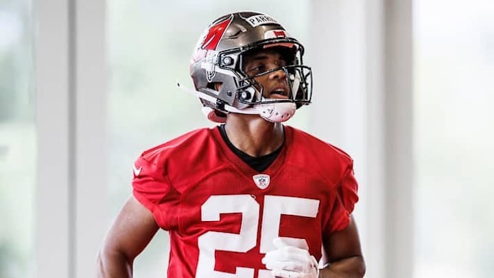 Cornerback Jacob Parrish #25 of the Tampa Bay Buccaneers during rookie minicamp practice. Photo By Kyle Zedaker/Tampa Bay Buccaneers