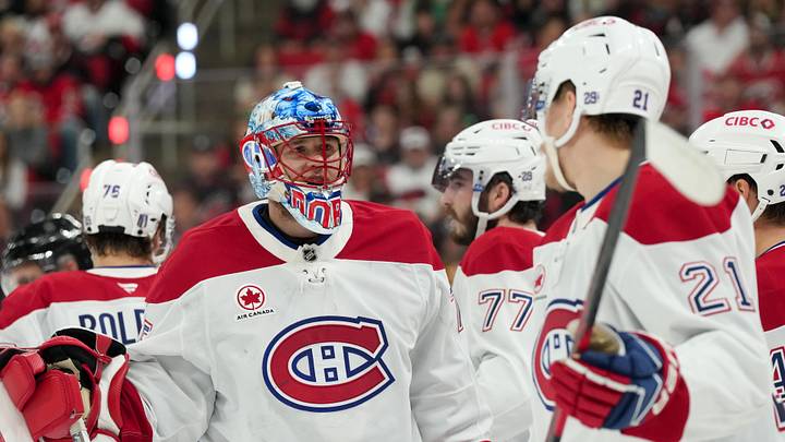 May 21, 2026; Raleigh, North Carolina, USA; Montreal Canadiens goaltender Jakub Dobes (75) speaks with Montreal Canadiens defenseman Kaiden Guhle (21) during the first period against the Carolina Hurricanes in game one of the Eastern Conferene Final of the 2026 Stanley Cup Playoffs at Lenovo Center. Mandatory Credit: James Guillory-Imagn Images May 21, 2026; Raleigh, North Carolina, USA; Montreal Canadiens goaltender Jakub Dobes (75) speaks with Montreal Canadiens defenseman Kaiden Guhle (21) during the first period against the Carolina Hurricanes in game one of the Eastern Conferene Final of the 2026 Stanley Cup Playoffs at Lenovo Center. Mandatory Credit: James Guillory-Imagn Images
