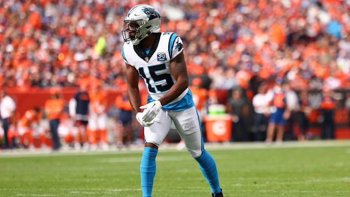 DENVER, COLORADO - OCTOBER 27: Jonathan Mingo #15 of the Carolina Panthers lines up during the first half against the Denver Broncos at Empower Field At Mile High on October 27, 2024 in Denver, Colorado. The Broncos defeated the Panthers 28-14. 