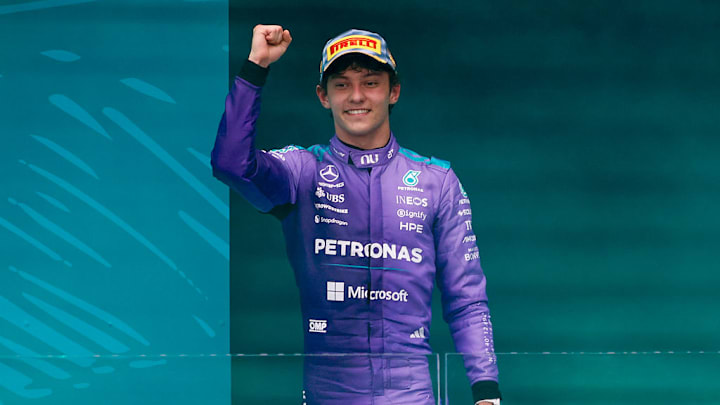 Kimi Antonelli celebrates after winning the 2026 Miami Grand Prix.
