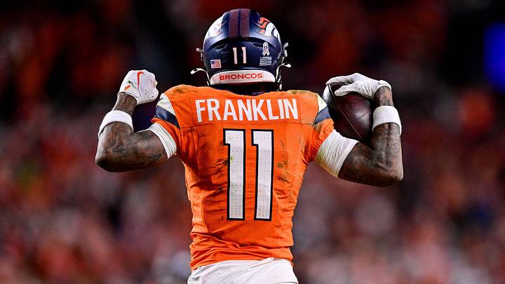 DENVER, CO - NOVEMBER 16: Denver Broncos wide receiver Troy Franklin (11) celebrates after a fourth quarter catch and first down in the fourth quarter during a game between the Kansas City Chiefs and the Denver Broncos at Empower Field at Mile High on November 16, 2025 in Denver, Colorado.