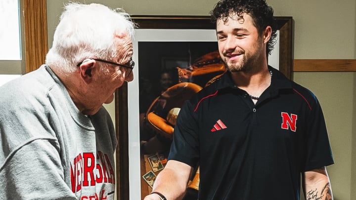 Richard Geier and Jackson Brockett, who threw no-hitters 70 years apart for Nebraska baseball, shake hands Monday. Richard Geier and Jackson Brockett, who threw no-hitters 70 years apart for Nebraska baseball, shake hands Monday.
