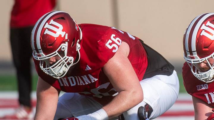 Indiana's Bray Lynch (74) and Joe Brunner (56) during spring practice at Memorial Stadium on Tuesday, March 31, 2026.