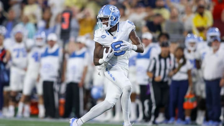 Oct 28, 2023; Atlanta, Georgia, USA; North Carolina Tar Heels wide receiver Devontez Walker (9) catches a pass against the Georgia Tech Yellow Jackets in the second half at Bobby Dodd Stadium at Hyundai Field. Mandatory Credit: Brett Davis-USA TODAY Sports