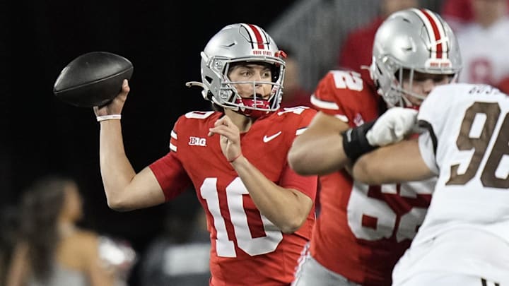 Sep 7, 2024; Columbus, Ohio, USA; Ohio State Buckeyes quarterback Julian Sayin (10) throws a pass during the second half of the NCAA football game against the Western Michigan Broncos at Ohio Stadium.