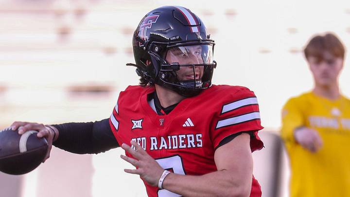 Brendan Sorsby looks to throw during the Texas Tech football team's spring game, Friday, April 17, 2026, at Jones AT&T Stadium.