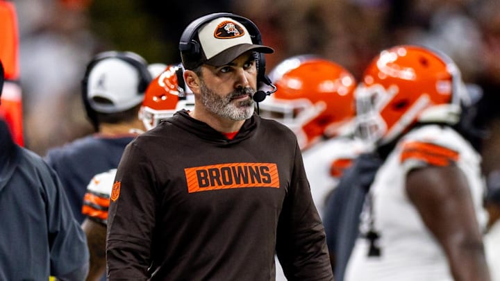Nov 17, 2024; New Orleans, Louisiana, USA;  Cleveland Browns head coach Kevin Stefanski looks on against the New Orleans Saints during the first half at Caesars Superdome. Mandatory Credit: Stephen Lew-Imagn Images