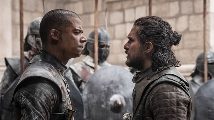 Jacob Anderson (Grey Worm) and Kit Harington (Jon Snow) in Game of Thrones season 8 Episode 6, "The Iron Throne"