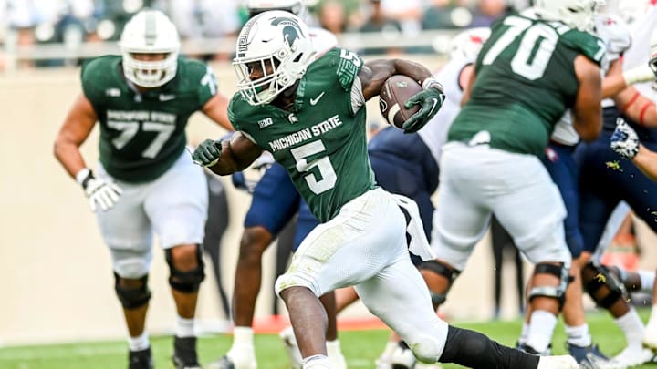 Michigan State's Nathan Carter runs for his third touchdown in the third quarter against Richmond on Saturday, Sept. 9, 2023, at Spartan Stadium in East Lansing.