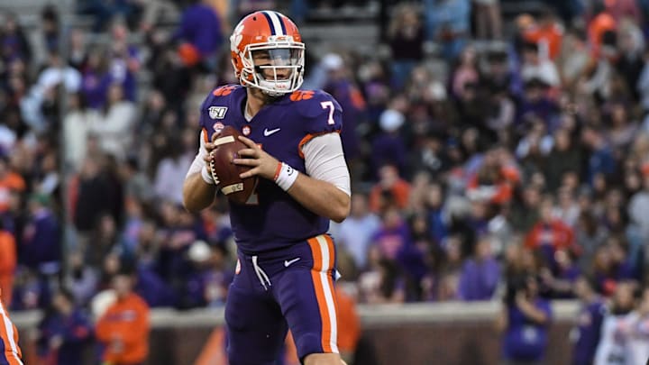 Clemson quarterback Chase Brice (7) fades back to pass against Wofford during the fourth quarter at Memorial Stadium in Clemson, South Carolina Saturday, November 2, 2019.

Clemson Vs Wofford Football