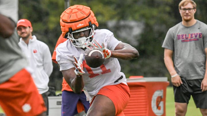 Clemson tight end Olsen Patt-Henry (11) catches a pass during the Clemson first football August practice in Clemson, S.C. Thursday August 1, 2024.