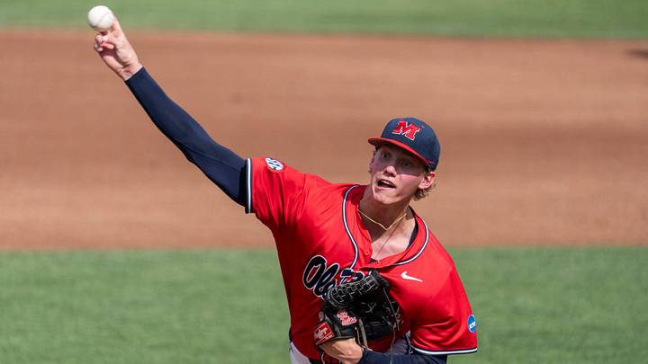 Ole Miss Rebels' Taylor Rabe pitches as Auburn Tigers take on Ole Miss Rebels during the NCAA Super Regional game two at Plainsman Park in Auburn, Ala. Ole Miss Rebels' Taylor Rabe pitches as Auburn Tigers take on Ole Miss Rebels during the NCAA Super Regional game two at Plainsman Park in Auburn, Ala.