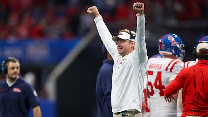 Dec 30, 2023; Atlanta, GA, USA; Mississippi Rebels head coach Lane Kiffin celebrates after a