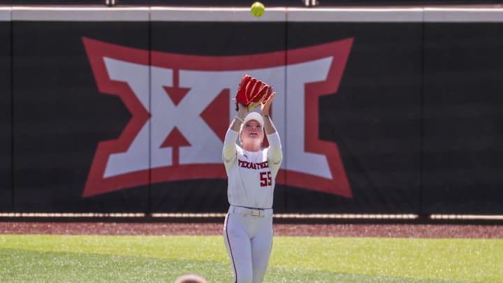 Texas Tech's Kaitlyn Terry catches a fly ball against BYU during a Big 12 Conference softball game, Saturday, April 4, 2026, at Tracy Sellers Field.
