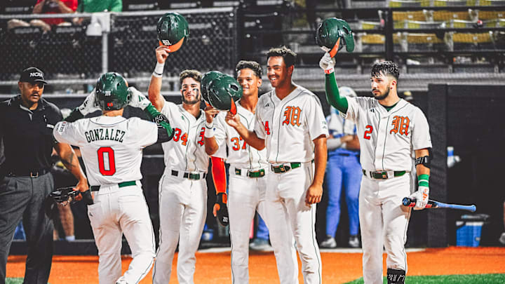 The Miami Hurricanes after senior Dorian Gonzalez Jr (0) hit a grand slam against Columbia in Hattiesburg Regional. The Miami Hurricanes after senior Dorian Gonzalez Jr (0) hit a grand slam against Columbia in Hattiesburg Regional.