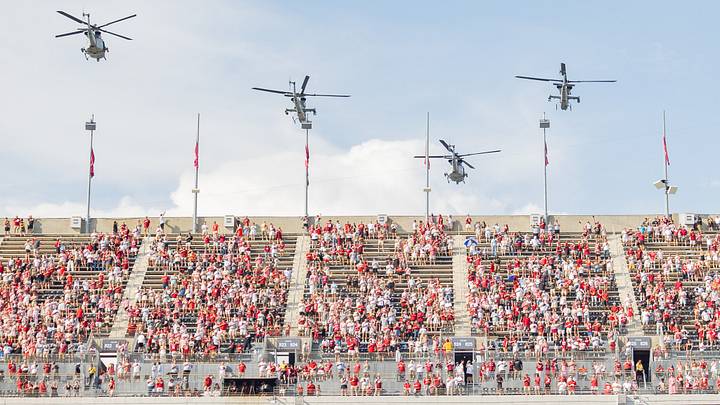 Marine Helicopters fly over Bryant Denny Stadium before the game against FSU on Sept 19, 2026. Marine Helicopters fly over Bryant Denny Stadium before the game against FSU on Sept 19, 2026.