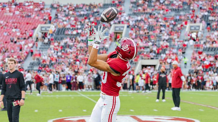 Alabama wide receiver Derek Meadows catches a pass in warm ups before the game against South Carolina on Sept 26, 2026. Alabama wide receiver Derek Meadows catches a pass in warm ups before the game against South Carolina on Sept 26, 2026.