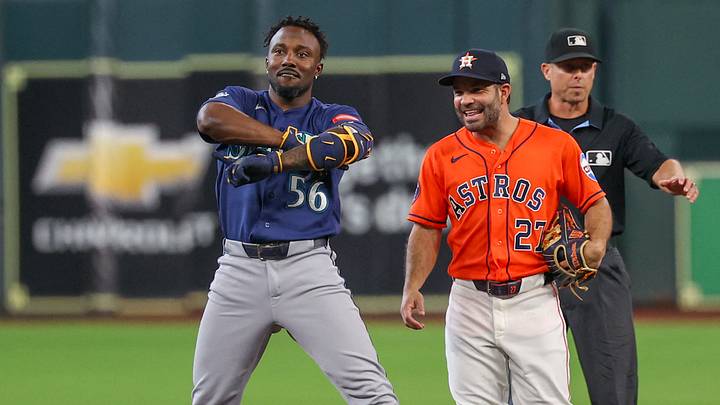 Seattle Mariners left fielder Randy Arozarena (56) reacts to his double against the Houston Astros in the first inning at Daikin Park. Mandatory Credit: Thomas Shea-Imagn Images Seattle Mariners left fielder Randy Arozarena (56) reacts to his double against the Houston Astros in the first inning at Daikin Park. Mandatory Credit: Thomas Shea-Imagn Images