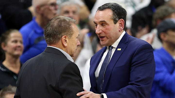 Dec 3, 2019; East Lansing, MI, USA; Michigan State Spartans head coach Tom Izzo and Duke Blue Devils head coach Mike Krzyzewski shake hands at mid court during the second half of a game at Breslin Center. Mandatory Credit: Mike Carter-Imagn Images
