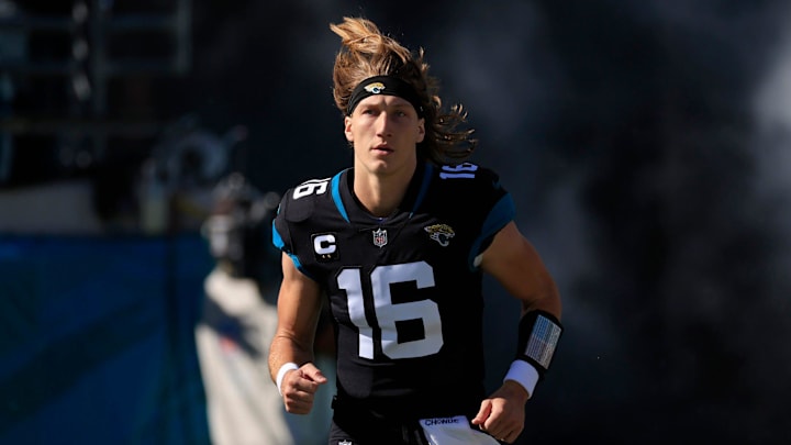 Jacksonville Jaguars quarterback Trevor Lawrence (16) takes to the field before of a regular season NFL football matchup Sunday, Dec. 18, 2022 at TIAA Bank Field in Jacksonville. The Jacksonville Jaguars edged the Dallas Cowboys 40-34 in overtime.
