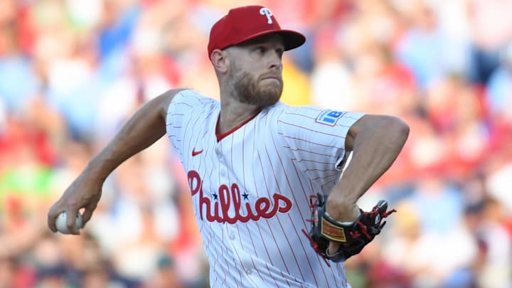Jul 21, 2025; Philadelphia, Pennsylvania, USA; Philadelphia Phillies pitcher Zack Wheeler (45) throws a pitch during the second inning against the Boston Red Sox at Citizens Bank Park. Mandatory Credit: Eric Hartline-Imagn Images