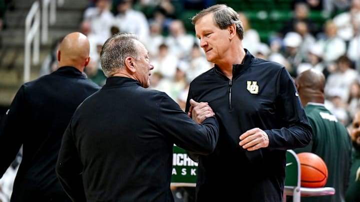 Michigan State's head coach Tom Izzo, left, and Oregon's head coach Dana Altman shake hands before the game on Saturday, Feb. 8, 2025, at the Breslin Center East Lansing.