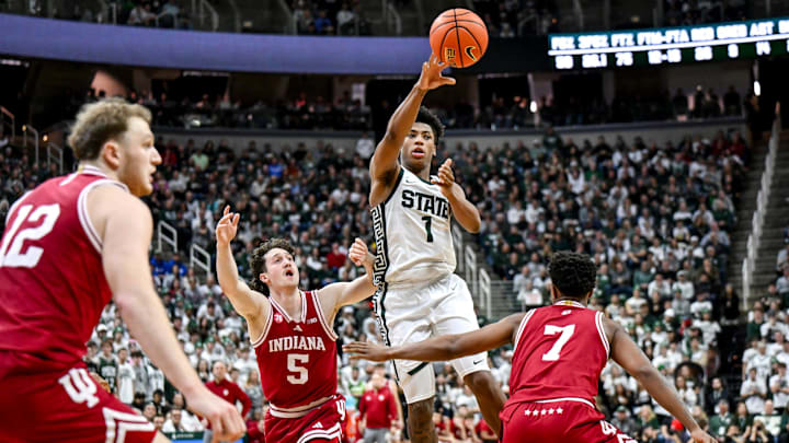 Michigan State's Jeremy Fears Jr. passes the ball against Indiana during the second half on Tuesday, Jan. 13, 2026, at the Breslin Center in East Lansing.