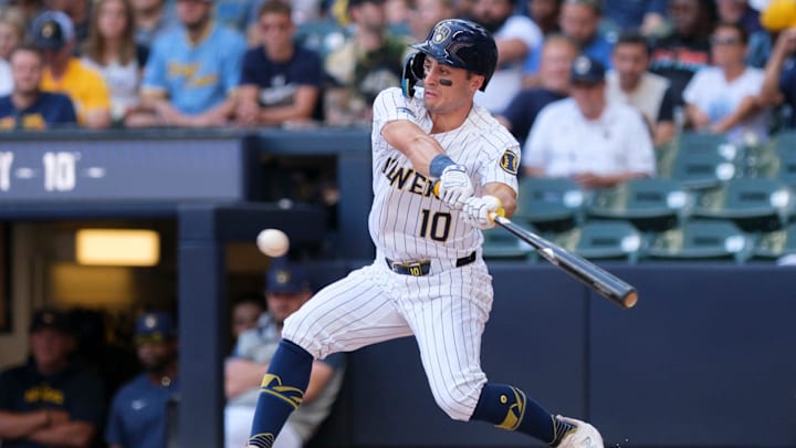 Milwaukee Brewers Right Fielder Sal Frelick (10) swings at bat during a game between the Milwaukee Brewers and Cincinnati Reds at American Family Field in Milwaukee, Wisconsin on Sunday, Aug. 11, 2024. 