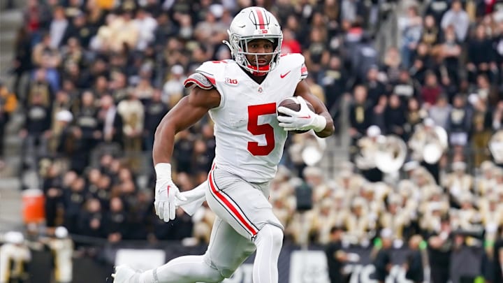 Oct 14, 2023; West Lafayette, Indiana, USA;  Ohio State Buckeyes running back Dallan Hayden (5) runs