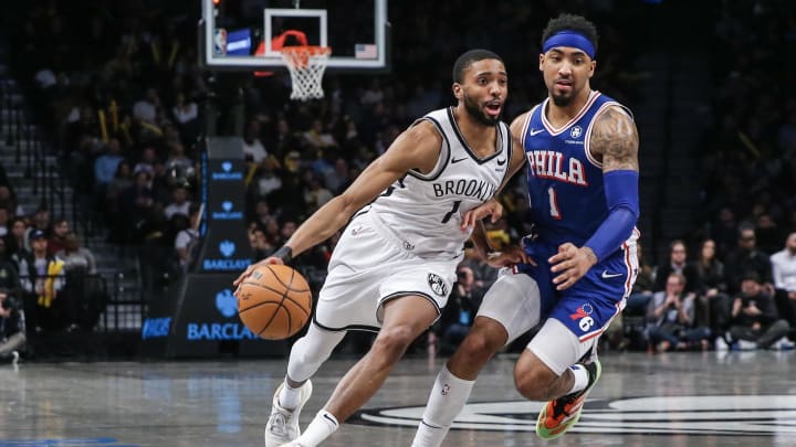 Mar 5, 2024; Brooklyn, New York, USA; Brooklyn Nets forward Mikal Bridges (1) looks to drive past Philadelphia 76ers forward KJ Martin (1) in the fourth quarter at Barclays Center. Mandatory Credit: Wendell Cruz-USA TODAY Sports Mar 5, 2024; Brooklyn, New York, USA; Brooklyn Nets forward Mikal Bridges (1) looks to drive past Philadelphia 76ers forward KJ Martin (1) in the fourth quarter at Barclays Center. Mandatory Credit: Wendell Cruz-USA TODAY Sports