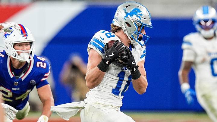 Detroit Lions wide receiver Isaac TeSlaa (18) makes a catch against Buffalo Bills safety Cole Bishop (24) during the second half at Highmark Stadium in Orchard Park, NY, on Thursday, Sept. 17, 2026.