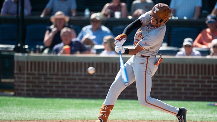 Texas Longhorns' Adrian Rodriguez (24) swings at the ball as Auburn Tigers take on Texas Longhorns at Plainsman Park in Auburn, Ala. on Sunday, March 22, 2026.