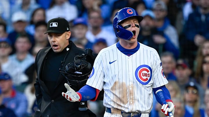 Oct 8, 2025; Chicago, Illinois, USA; Chicago Cubs center fielder Pete Crow-Armstrong (4) reacts after striking out against the Milwaukee Brewers in the third inning during game three of the NLDS round for the 2025 MLB playoffs at Wrigley Field. 
