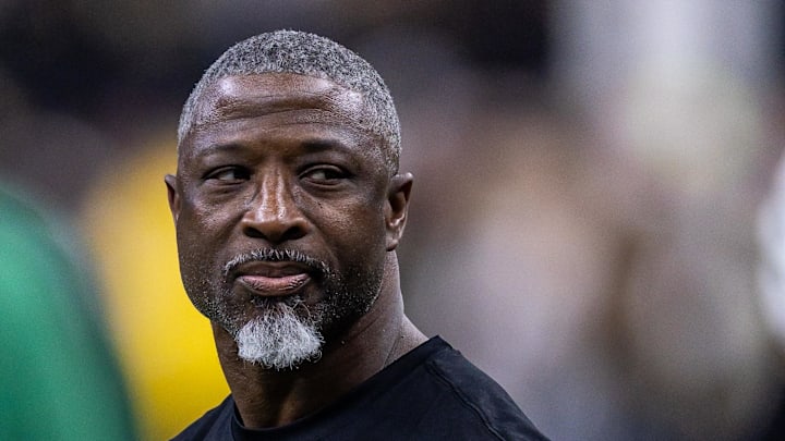 Dec 21, 2025; New Orleans, Louisiana, USA;  New York Jets head coach Aaron Glenn during warm ups before the game against the New Orleans Saints at Caesars Superdome. Mandatory Credit: Stephen Lew-Imagn Images