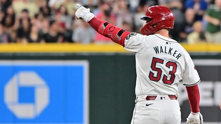 Sep 25, 2024; Phoenix, Arizona, USA; Arizona Diamondbacks first base Christian Walker (53) celebrates a double in the second inning against the San Francisco Giants at Chase Field