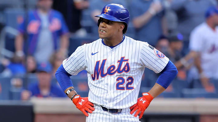 Jul 19, 2025; New York City, New York, USA; New York Mets right fielder Juan Soto (22) reacts after striking out during the ninth inning against the Cincinnati Reds at Citi Field. Mandatory Credit: Brad Penner-Imagn Images Jul 19, 2025; New York City, New York, USA; New York Mets right fielder Juan Soto (22) reacts after striking out during the ninth inning against the Cincinnati Reds at Citi Field. Mandatory Credit: Brad Penner-Imagn Images