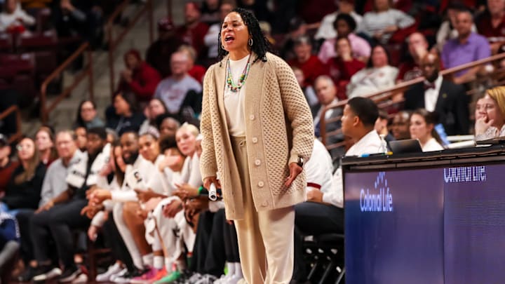 Jan 9, 2025; Columbia, South Carolina, USA; South Carolina Gamecocks head coach Dawn Staley directs her team against the Texas A&M Aggies in the first half at Colonial Life Arena. Mandatory Credit: Jeff Blake-Imagn Images